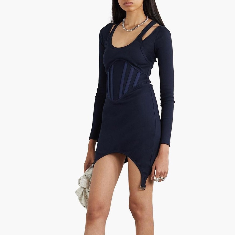 Dion Lee Women's Blue Fin Layered Ribbed Stretch-cotton Mini Dress size medium